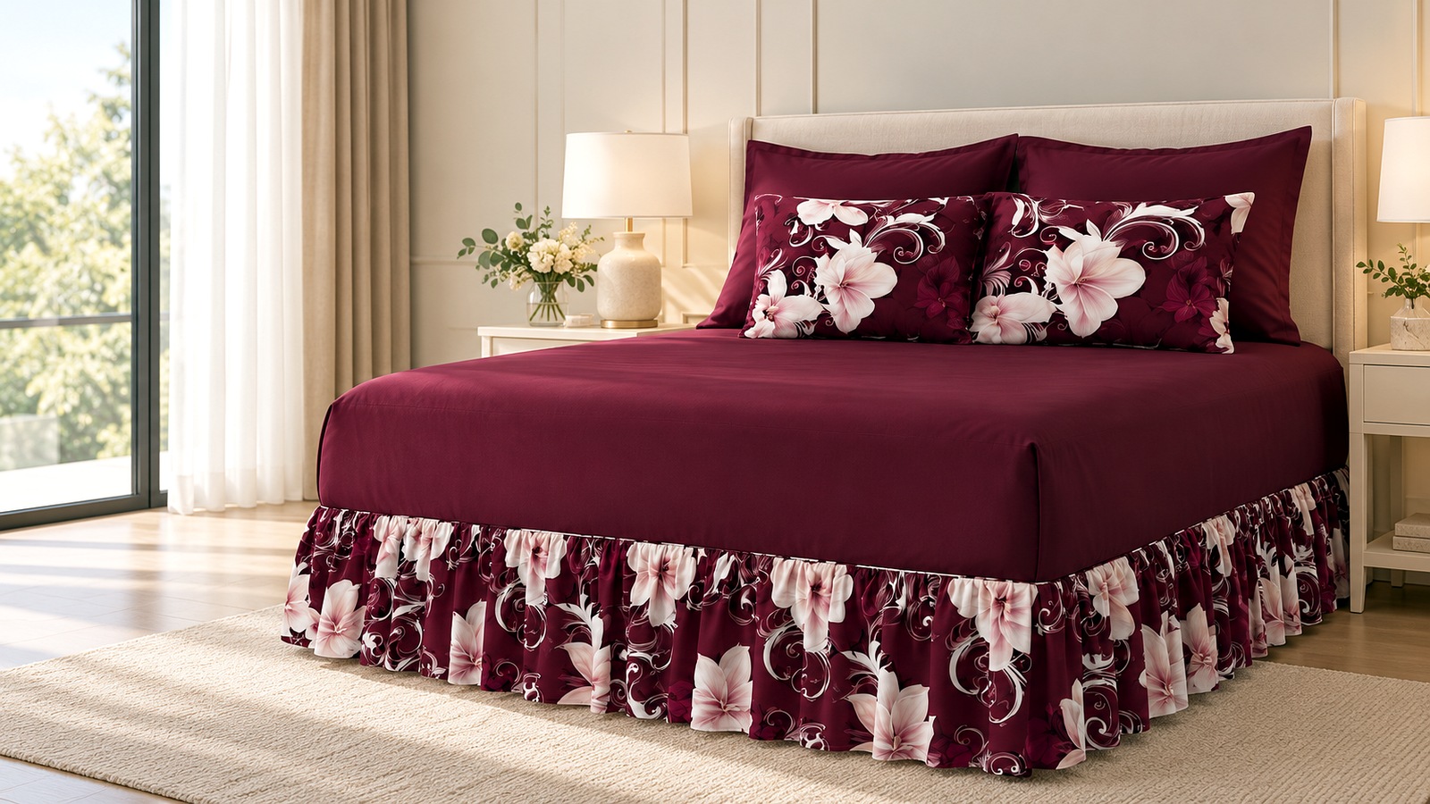 Burgundy floral bedding set in a warm modern bedroom