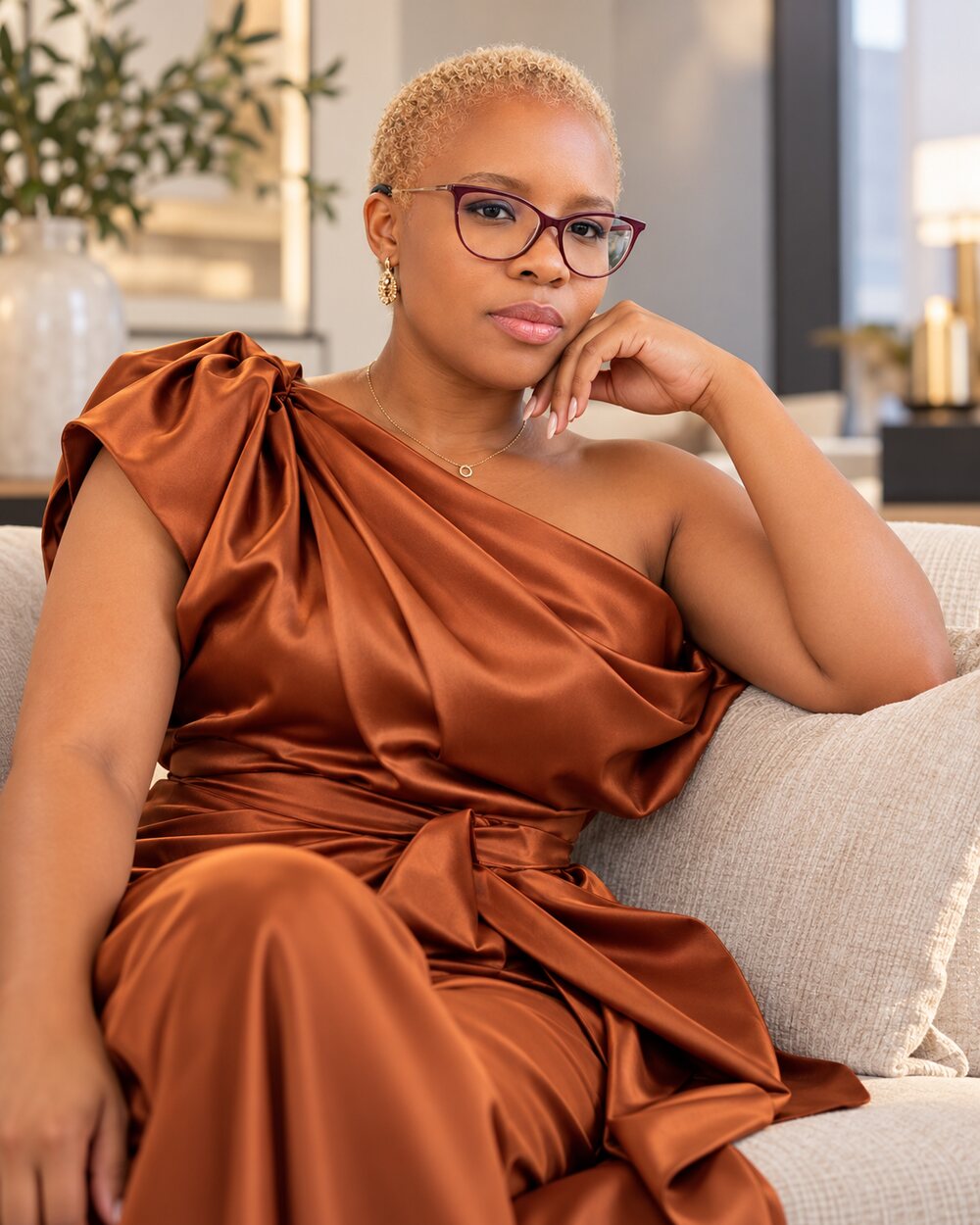 Modern neutral fashion edit featuring a South African Black woman